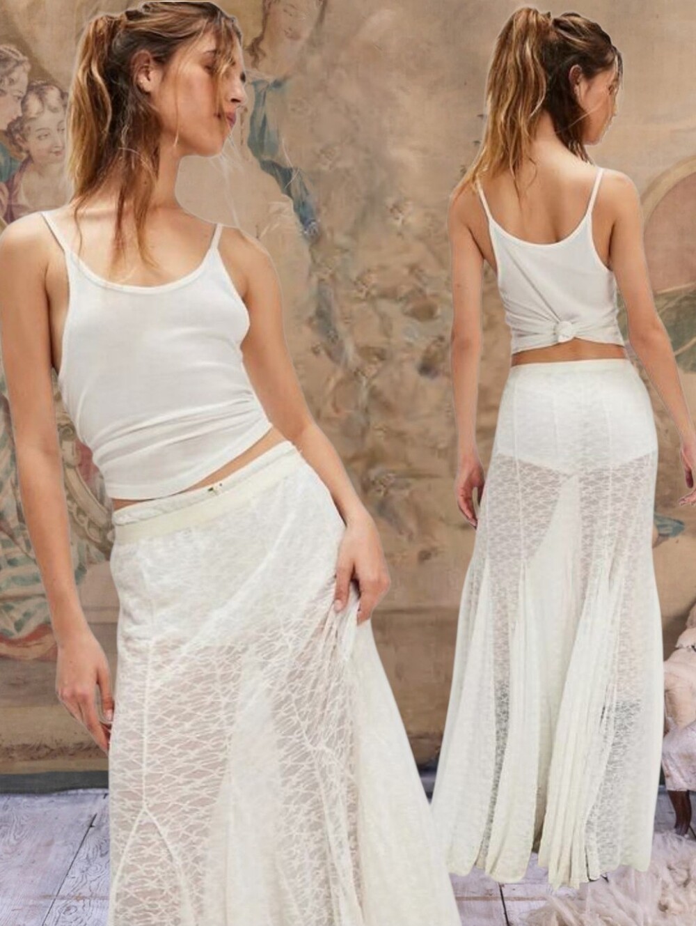 Free People boho Long White Lace Peasant Bohemian Maxi Shabby Chic Skirt Xl Nwt